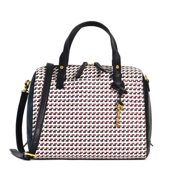 Fossil Rachel Satchel Houndstooth Handbag Brown Cream LIKE NEW - Picture 1 of 10